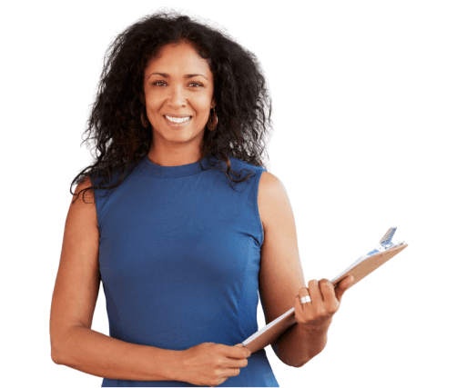 Smiling woman with curly hair holding a clipboard.